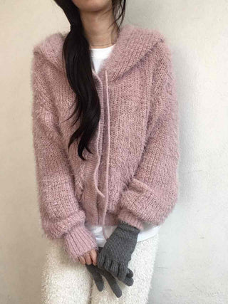 Cozy Shaggy Drawstring Hooded Zip-Up Knit Cardigan