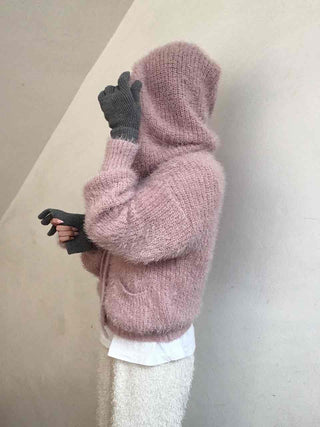 Cozy Shaggy Drawstring Hooded Zip-Up Knit Cardigan
