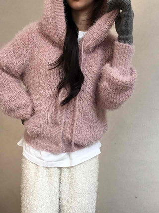 Cozy Shaggy Drawstring Hooded Zip-Up Knit Cardigan