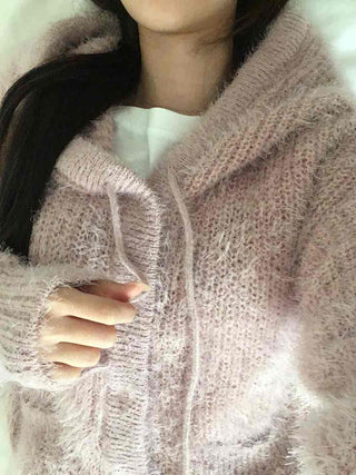 Cozy Shaggy Drawstring Hooded Zip-Up Knit Cardigan