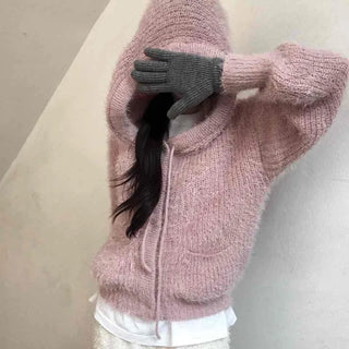 Cozy Shaggy Drawstring Hooded Zip-Up Knit Cardigan