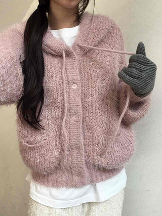 Cozy Shaggy Drawstring Hooded Zip-Up Knit Cardigan