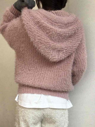 Cozy Shaggy Drawstring Hooded Zip-Up Knit Cardigan