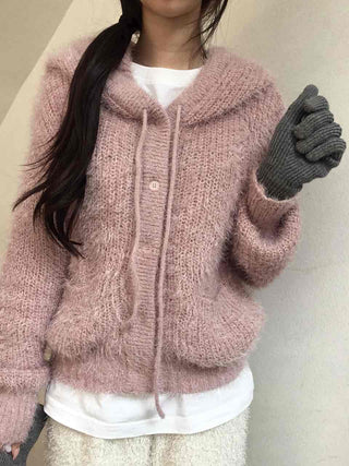 Cozy Shaggy Drawstring Hooded Zip-Up Knit Cardigan