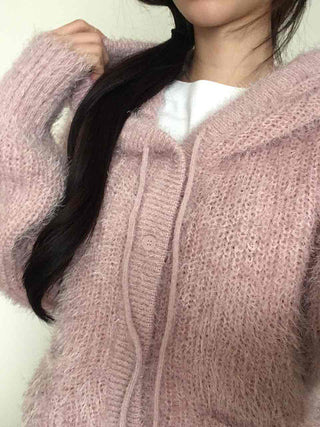 Cozy Shaggy Drawstring Hooded Zip-Up Knit Cardigan