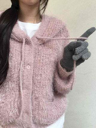 Cozy Shaggy Drawstring Hooded Zip-Up Knit Cardigan