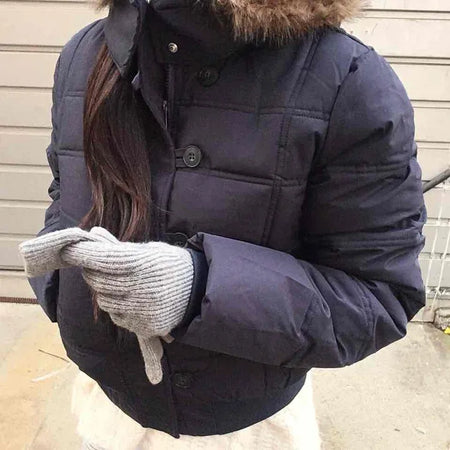 Cropped Short Padded Jacket with Fur Hood and Pocket Detail