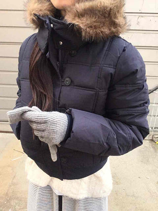 Cropped Short Padded Jacket with Fur Hood and Pocket Detail