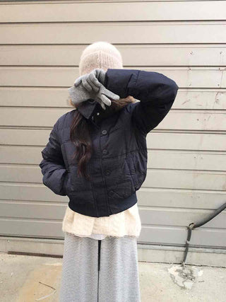 Cropped Short Padded Jacket with Fur Hood and Pocket Detail
