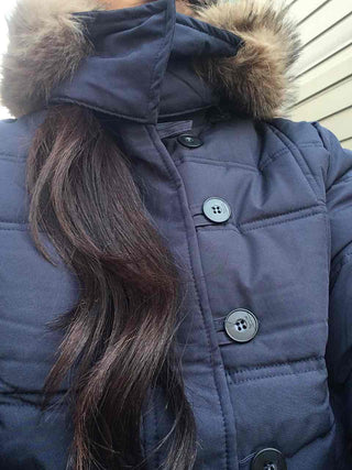 Cropped Short Padded Jacket with Fur Hood and Pocket Detail