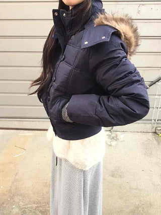 Cropped Short Padded Jacket with Fur Hood and Pocket Detail