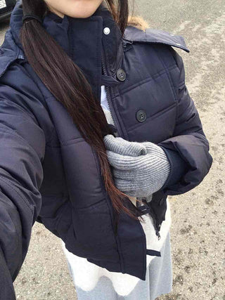 Cropped Short Padded Jacket with Fur Hood and Pocket Detail