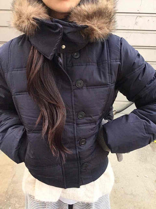 Cropped Short Padded Jacket with Fur Hood and Pocket Detail