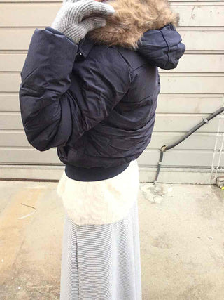 Cropped Short Padded Jacket with Fur Hood and Pocket Detail