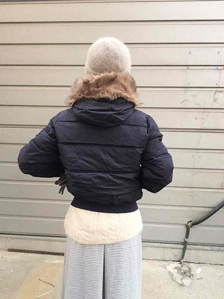 Cropped Short Padded Jacket with Fur Hood and Pocket Detail