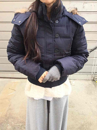 Cropped Short Padded Jacket with Fur Hood and Pocket Detail