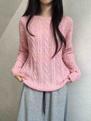 Romantic Cable Pattern Loose Fit Round Knit