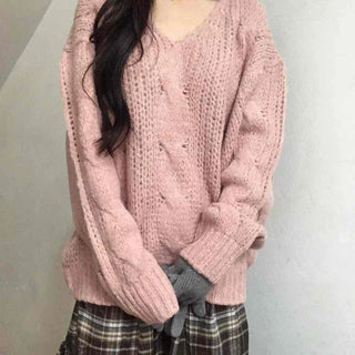 Delicate Fit Puff Cable Knit V-Neck Knit