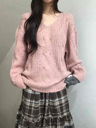 Delicate Fit Puff Cable Knit V-Neck Knit