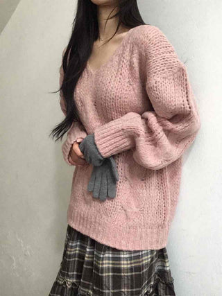 Delicate Fit Puff Cable Knit V-Neck Knit