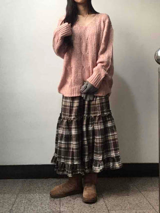 Delicate Fit Puff Cable Knit V-Neck Knit