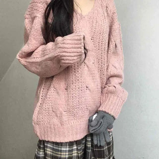 Delicate Fit Puff Cable Knit V-Neck Knit