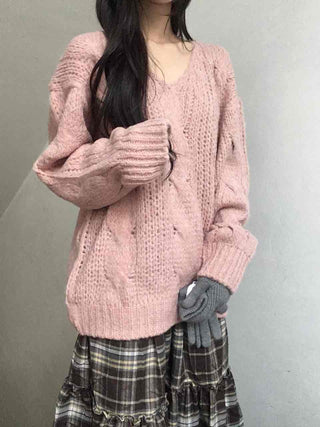 Delicate Fit Puff Cable Knit V-Neck Knit
