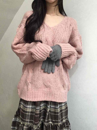 Delicate Fit Puff Cable Knit V-Neck Knit