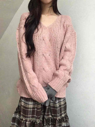 Delicate Fit Puff Cable Knit V-Neck Knit