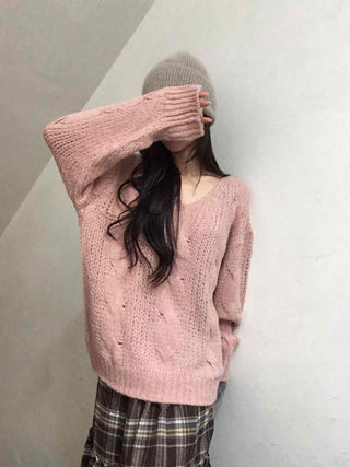 Delicate Fit Puff Cable Knit V-Neck Knit