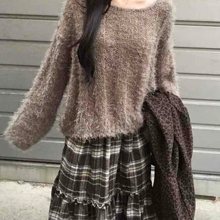 Soft Fuzzy Boat Neck Loose Fit Knit