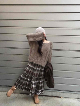 Soft Fuzzy Boat Neck Loose Fit Knit
