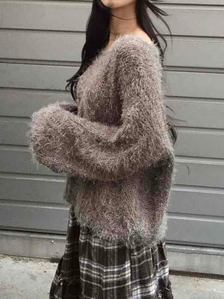 Soft Fuzzy Boat Neck Loose Fit Knit