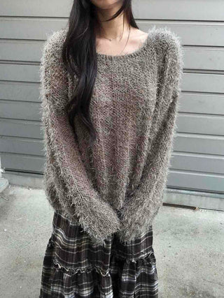 Soft Fuzzy Boat Neck Loose Fit Knit