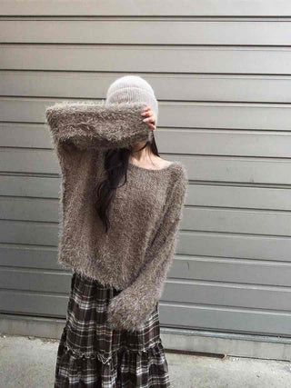 Soft Fuzzy Boat Neck Loose Fit Knit