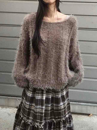 Soft Fuzzy Boat Neck Loose Fit Knit