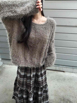Soft Fuzzy Boat Neck Loose Fit Knit