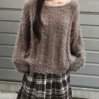 Soft Fuzzy Boat Neck Loose Fit Knit