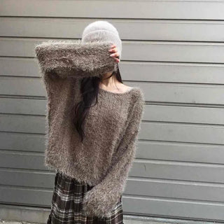 Soft Fuzzy Boat Neck Loose Fit Knit