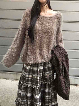 Soft Fuzzy Boat Neck Loose Fit Knit