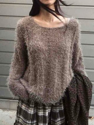 Soft Fuzzy Boat Neck Loose Fit Knit
