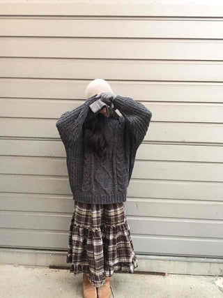 Cable Lace Mix Puff Sleeve Loose Fit Knit