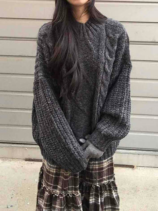 Cable Lace Mix Puff Sleeve Loose Fit Knit