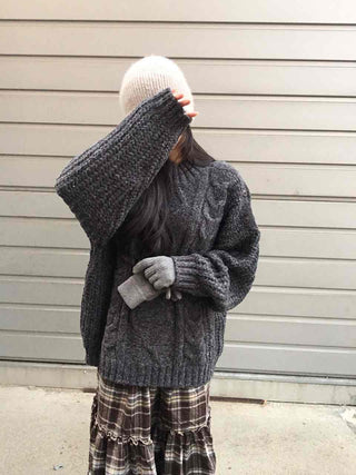 Cable Lace Mix Puff Sleeve Loose Fit Knit