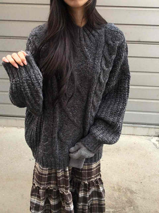 Cable Lace Mix Puff Sleeve Loose Fit Knit