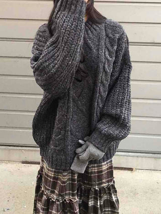 Cable Lace Mix Puff Sleeve Loose Fit Knit