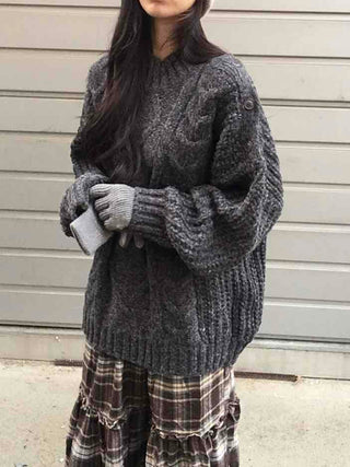 Cable Lace Mix Puff Sleeve Loose Fit Knit