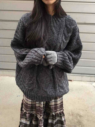 Cable Lace Mix Puff Sleeve Loose Fit Knit