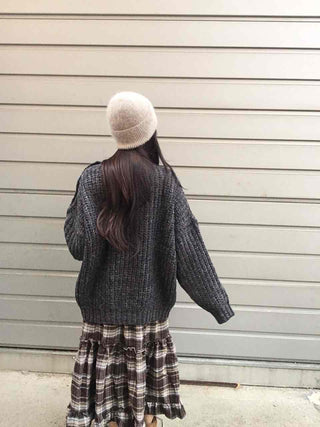 Cable Lace Mix Puff Sleeve Loose Fit Knit