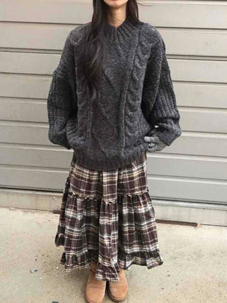 Cable Lace Mix Puff Sleeve Loose Fit Knit